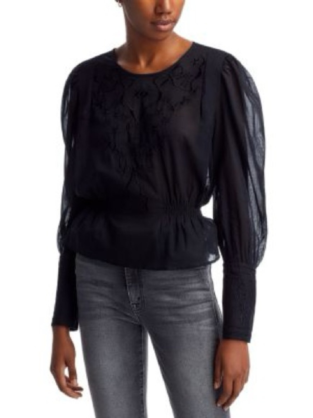 Mother Straight Lace Top - Black Sheer Puff-Sleeve Blouse